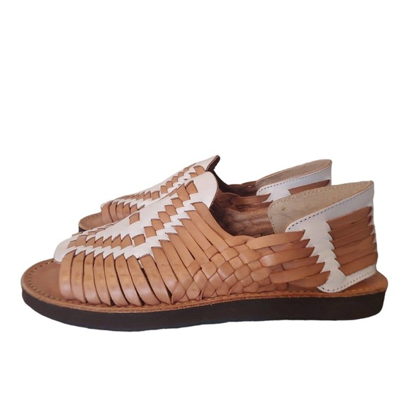 Chamula Chichen Sandals Size 23 US 6 Brown White Huarache Slip On Open Toe - Picture 1 of 10